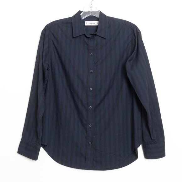Everlane The Must-Have Shirt in Silky Cotton Navy Black Striped Relaxed Fit - Picture 3 of 14